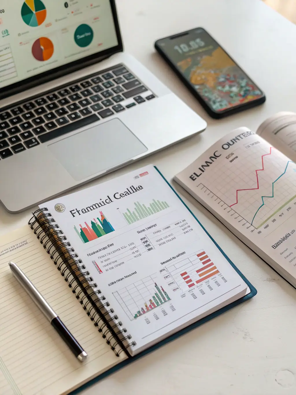 A visual of open guidebooks and digital PDFs with titles like 'Emergency Fund Basics' and 'Debt Management Strategies', used to promote Calm Budgeting's financial resources guides.