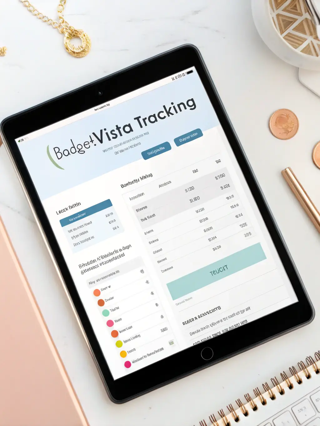 An image of a clean, organized budgeting worksheet displayed on a tablet, highlighting key sections for income, expenses, and savings, used to promote Calm Budgeting's budgeting templates.