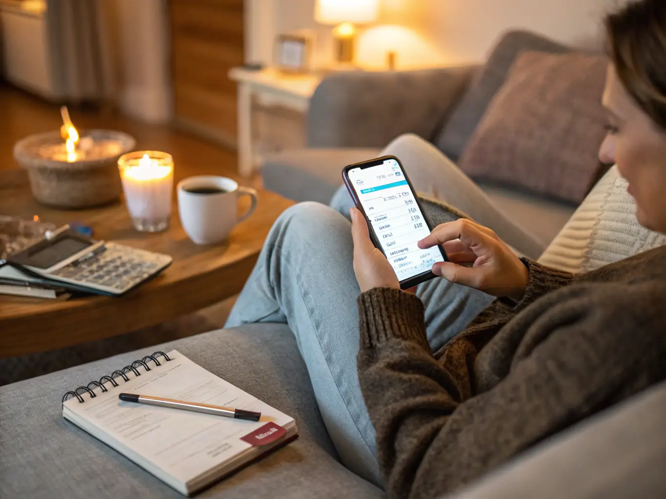 An image representing budgeting tips, showing a person using a budgeting app on their smartphone while enjoying a cup of coffee.