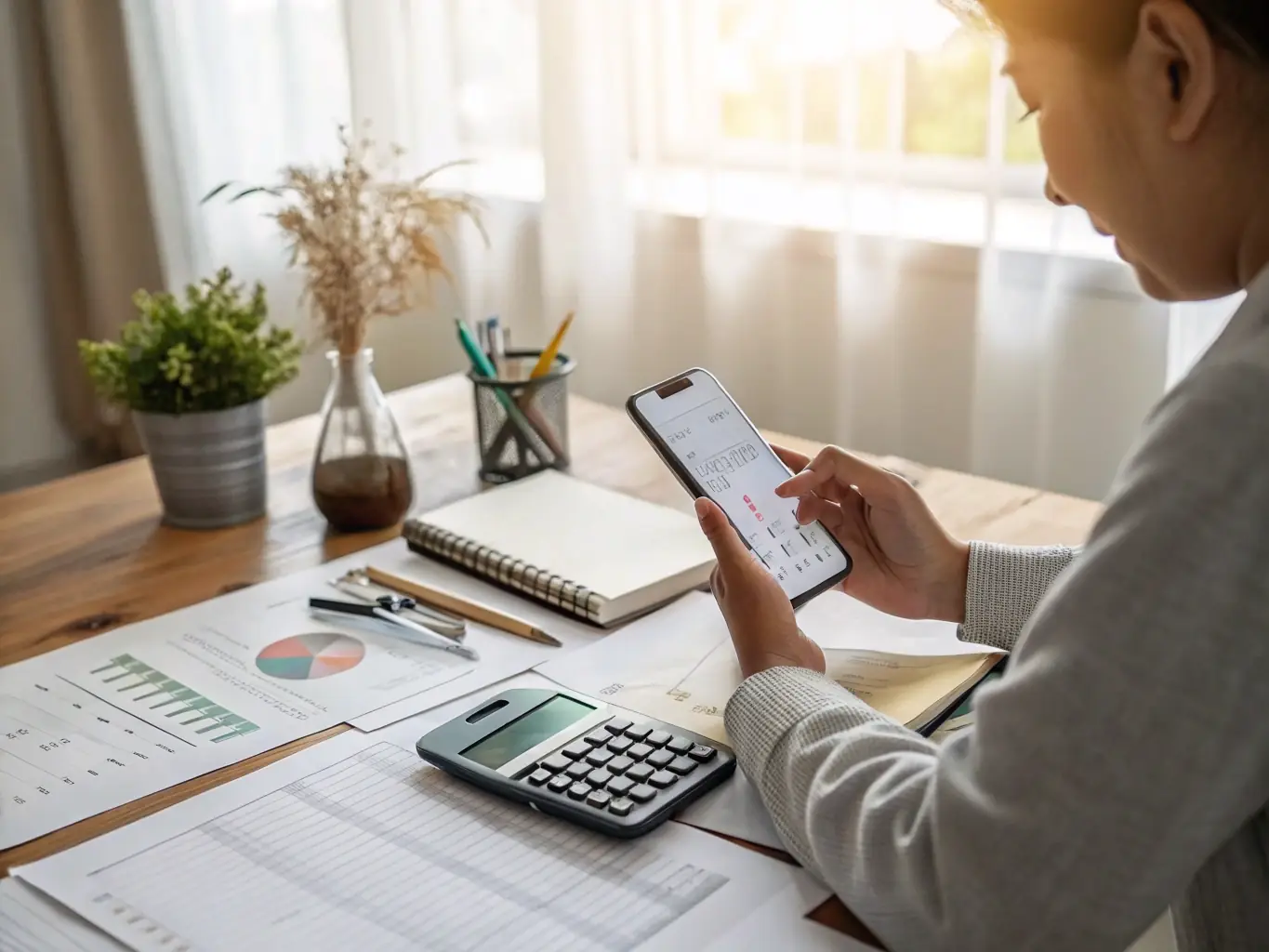 A person using a budgeting app on their smartphone while sitting at a kitchen table, with a notebook and pen nearby. The scene suggests a practical and tech-savvy approach to budgeting.