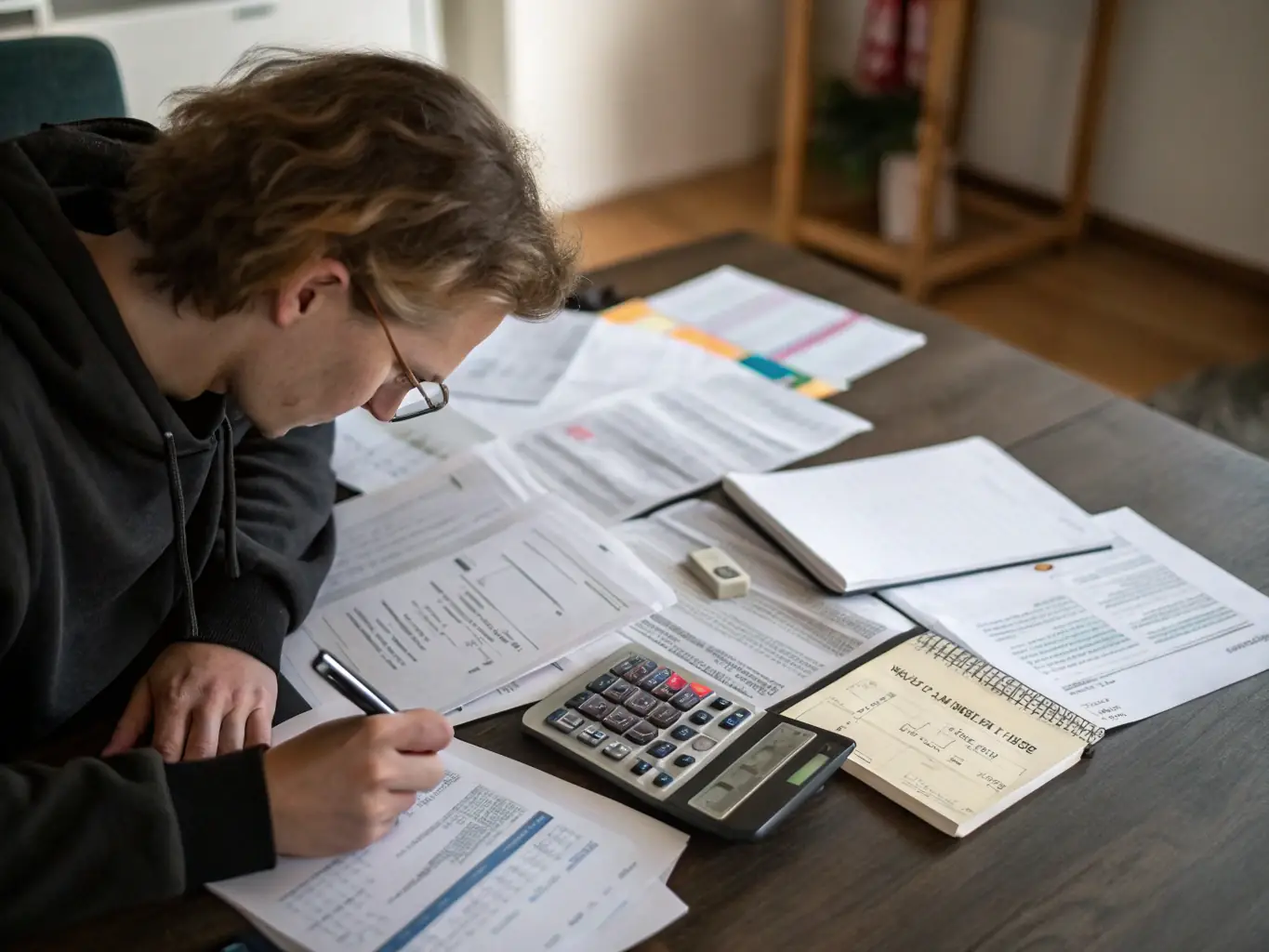 An image representing debt management, showing a person calmly organizing bills and planning debt repayment.