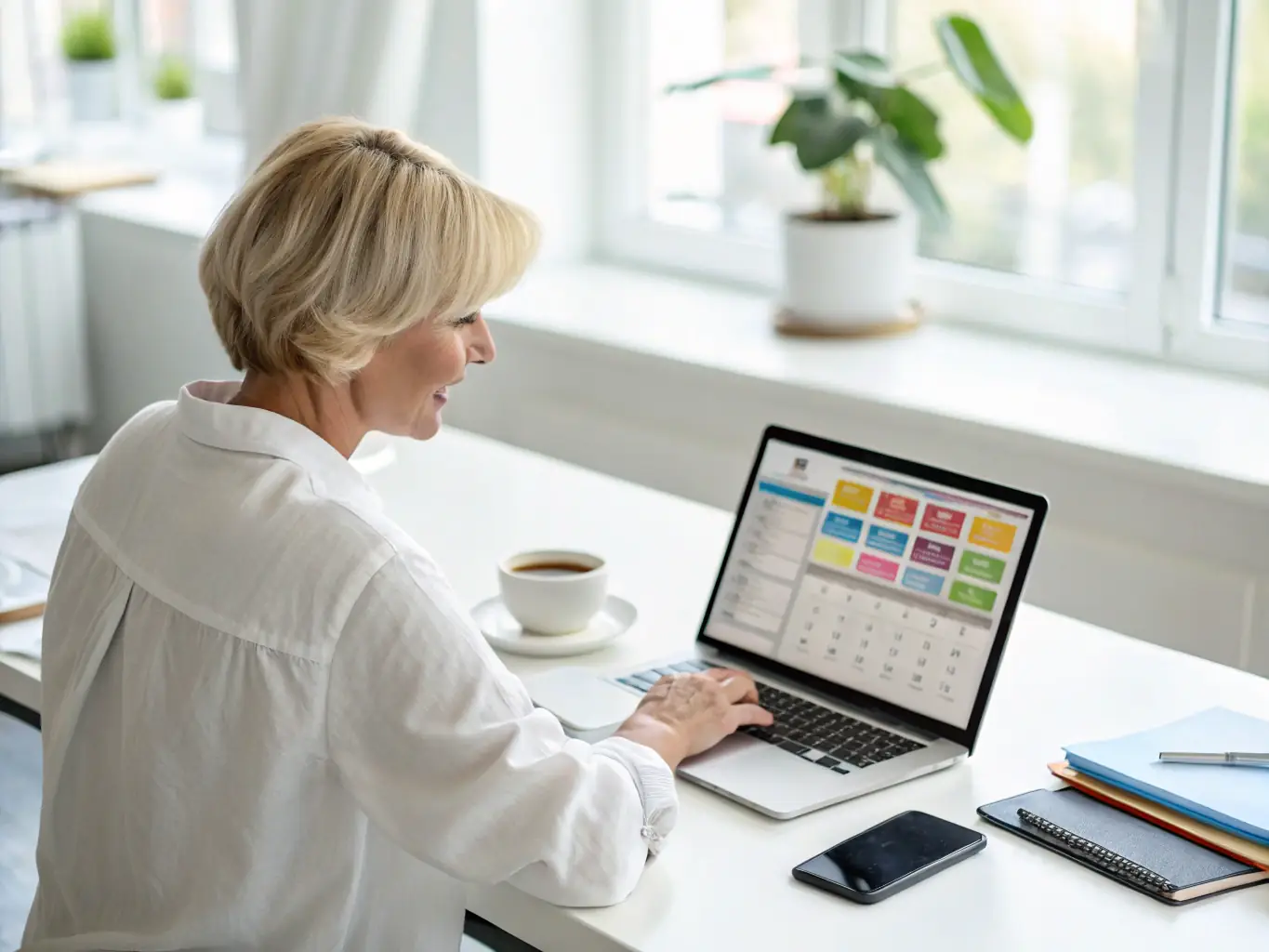 A person sitting at a desk, reviewing a budgeting template on their laptop, with a cup of coffee nearby, in a brightly lit, modern home office setting. The scene conveys a sense of calm and focus.