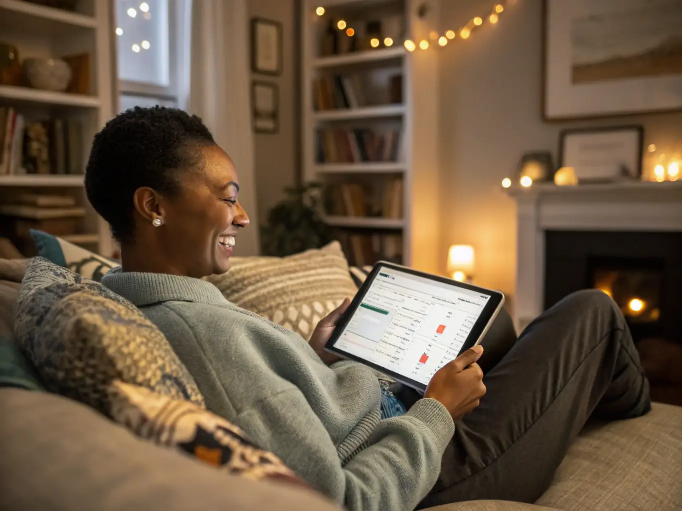 A person reading a financial guide on a tablet while relaxing on a comfortable couch, with soft, natural light filtering through the window. The scene evokes a feeling of relaxation and learning.