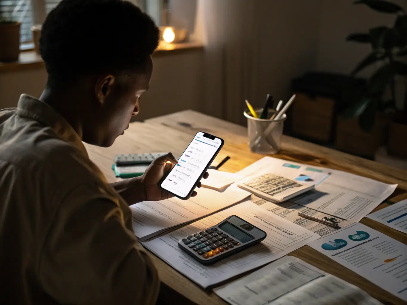 A serene image of a person calmly reviewing their budget on a tablet, surrounded by soft lighting and a peaceful home environment, symbolizing stress-free financial planning.
