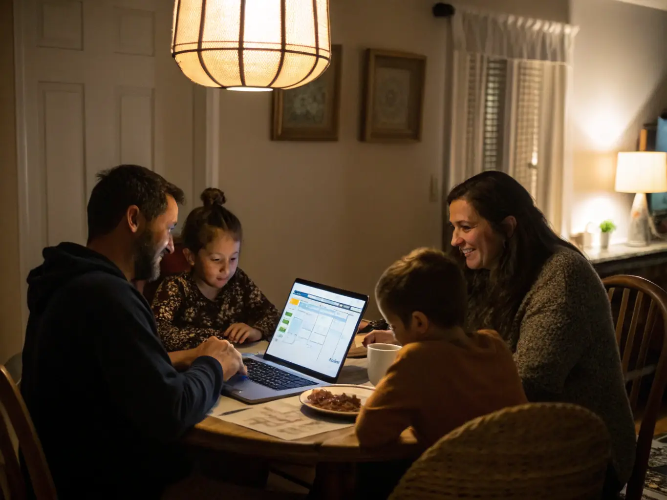 An image showing a family happily planning their budget together, emphasizing the importance of collaborative financial management and shared goals.