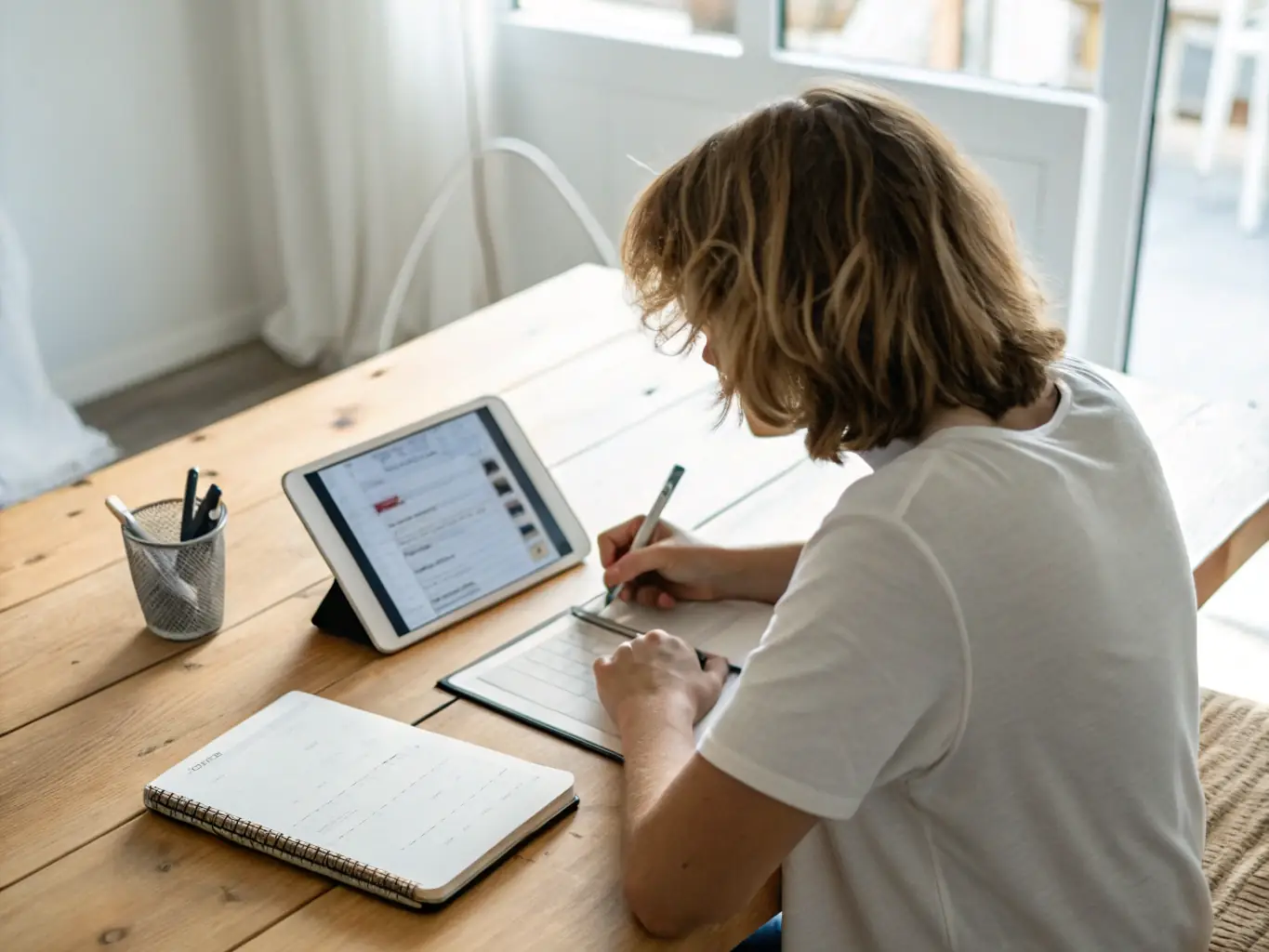 A serene image depicting a person calmly reviewing their finances at home, surrounded by peaceful elements like plants and soft lighting, symbolizing stress-free budgeting.