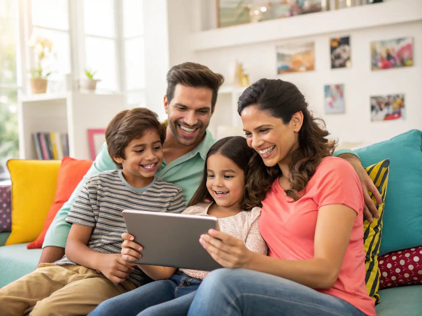 An image depicting a family happily planning their finances together, using a budgeting app on a smartphone, set against the backdrop of a cozy living room.